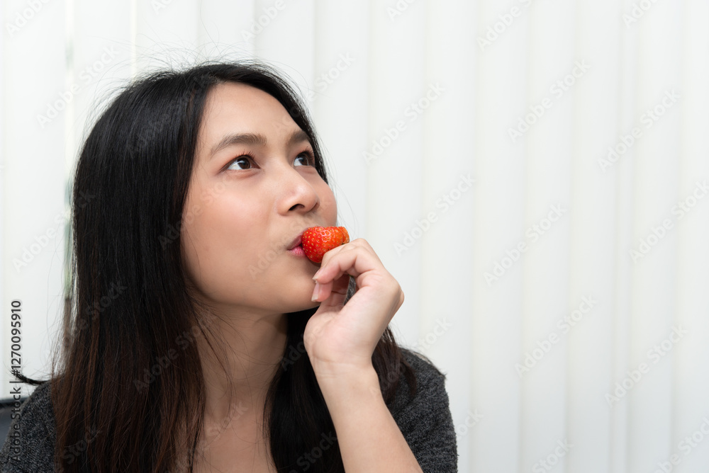 Woman eat strawberry red berry fruit sweet juicy Woman eat strawberry red berry fruit sweet juicy