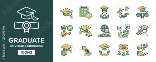 education student graduation icon set university school online learning knowledge cognition success achievement graduate college vector illustration business academy study course signs for web and app