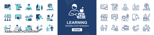 student read and learn icon set education online learning course study reading book signs vector line illustration for web and app