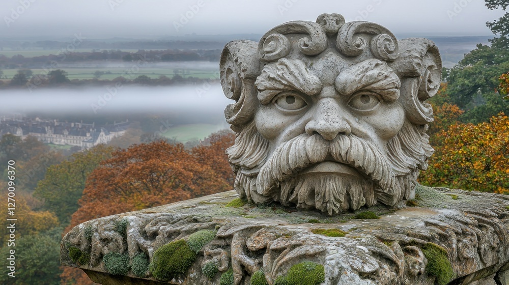 Stone grotesque head overlooks autumnal valley mist Stone grotesque head overlooks autumnal valley mist