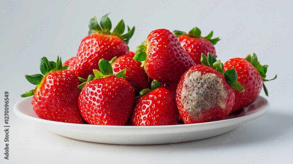 Close-up of spoiled strawberries with mold lying in a plate. Rotting berries Close-up of spoiled strawberries with mold lying in a plate. Rotting berries