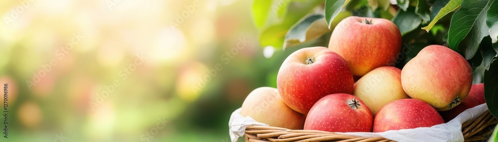 A basket of freshly picked organic apples in an orchard, sunlight streaming through trees, Organic Fruit Harvest, natural farming lifestyle A basket of freshly picked organic apples in an orchard, sunlight streaming through trees, Organic Fruit Harvest, natural farming lifestyle