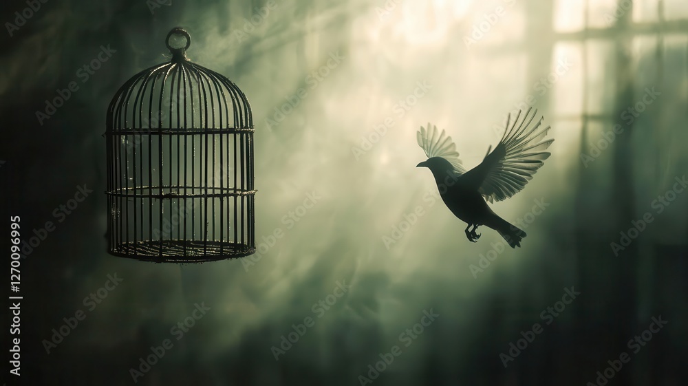Fototapeta premium A bird flying away from an empty birdcage, freedom, metaphor for loss