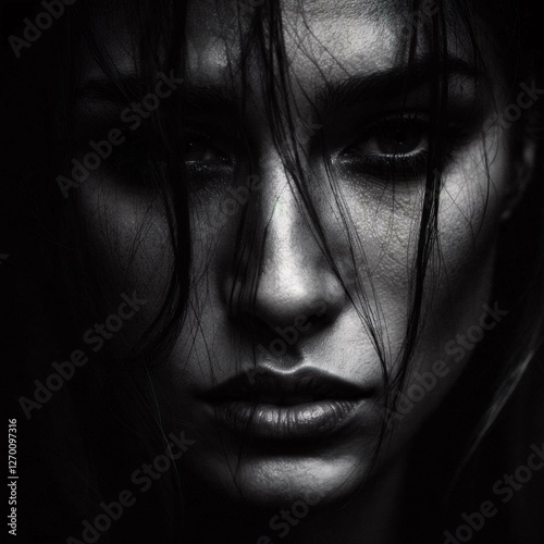 High-contrast portrait of a woman with wet hair and intense gaze.