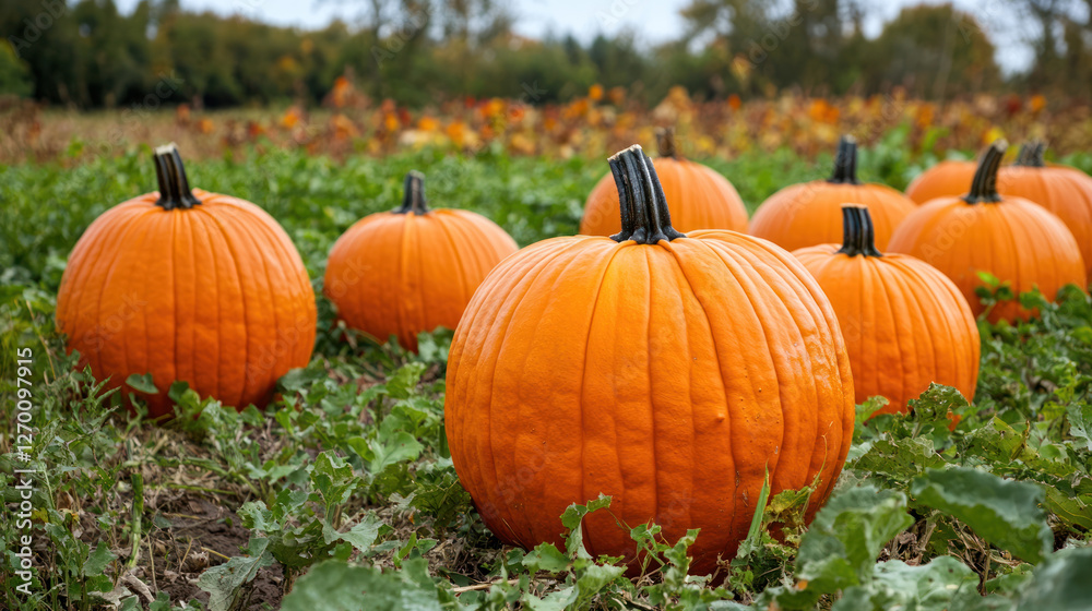 A Bright orange pumpkins in field surrounded by green leaves and colorful foliage A Bright orange pumpkins in field surrounded by green leaves and colorful foliage