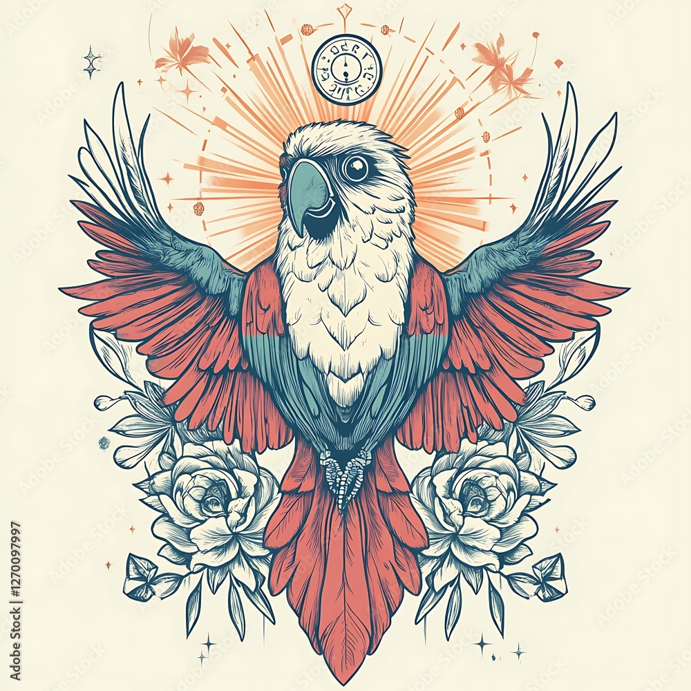 Fototapeta premium Parrot Graphic Art with Floral Design