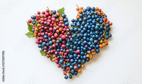 A vibrant heart-shaped arrangement of colorful berries on a white background, symbolizing love
