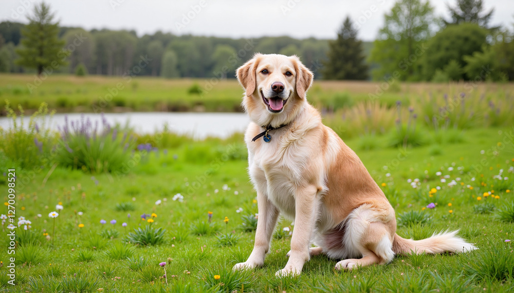 Golden retriever sitting happily on green grass by a lake Golden retriever sitting happily on green grass by a lake