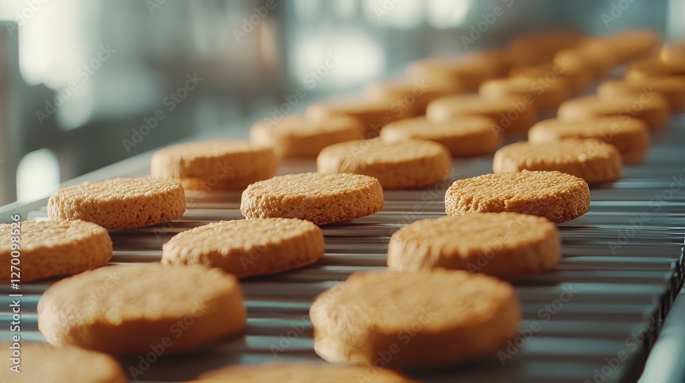 Cookies On A Conveyor Belt In A Food Processing Factory, Close-Up. Production Line With Fresh Cookies. Cookies On A Conveyor Belt In A Food Processing Factory, Close-Up. Production Line With Fresh Cookies.