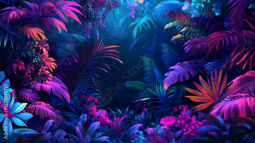 Fototapeta Naklejka Na Ścianę i Meble -  The neon tropical jungle is a vibrant and electric landscape, alive with neon colored foliage, glowing flowers. Lush Neon Rainforests. Illustration