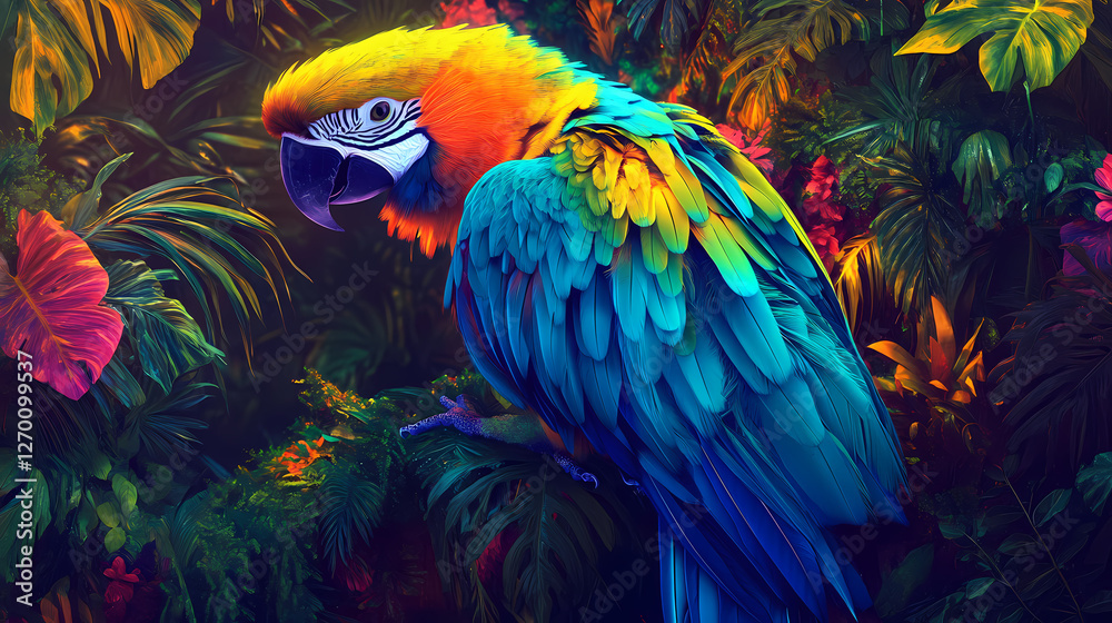 Obraz premium Vibrant plumage of a parrot radiates against lush green foliage in the rainforest, its neon blues, yellows, and oranges glowing with intense tropical beauty. Lush Neon Rainforests. Illustration