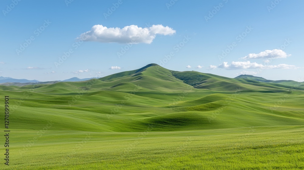 Fototapeta premium Rolling green hills stretch under a bright blue sky with a single white cloud during a sunny day.