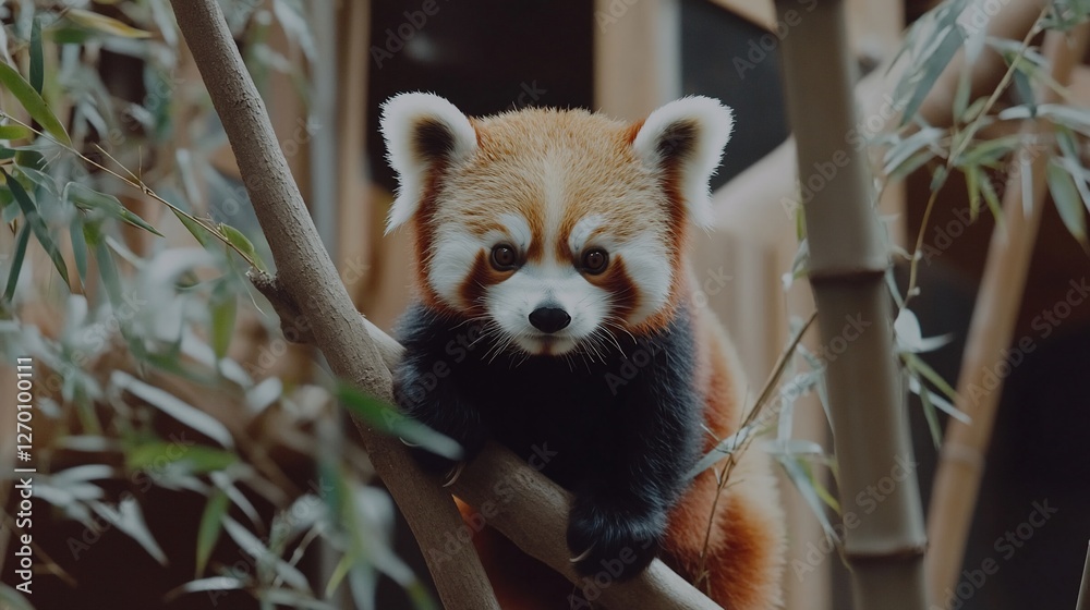 Red panda perched on bamboo, zoo enclosure