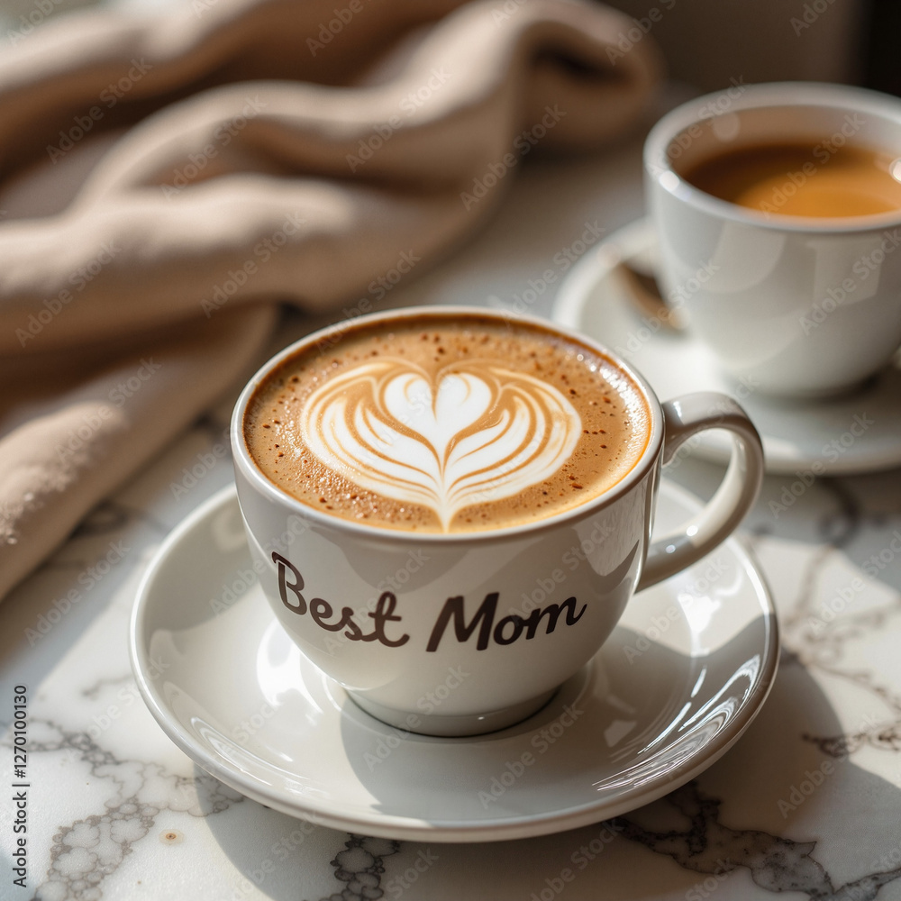 Obraz premium Cup of coffee with “Best Mom” text and heart-shaped foam art