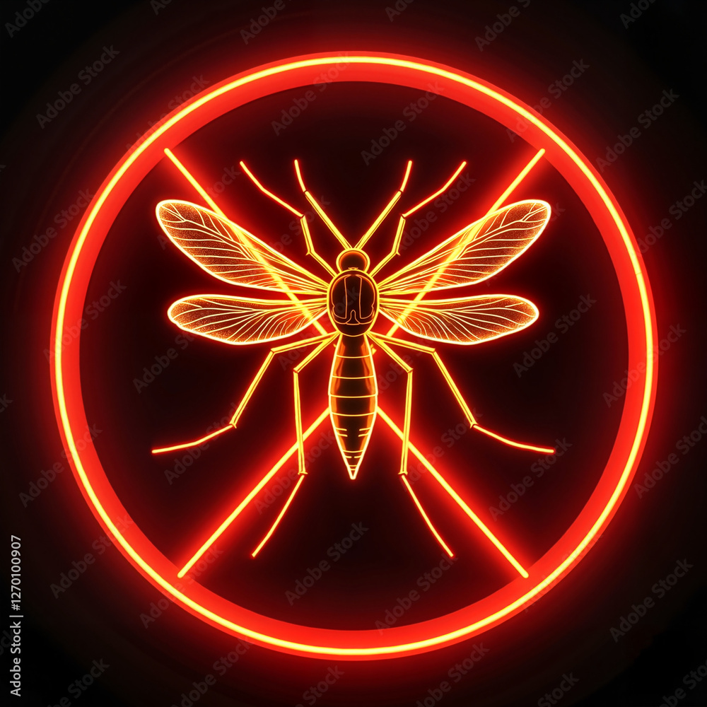 Neon mosquito warning sign on dark background