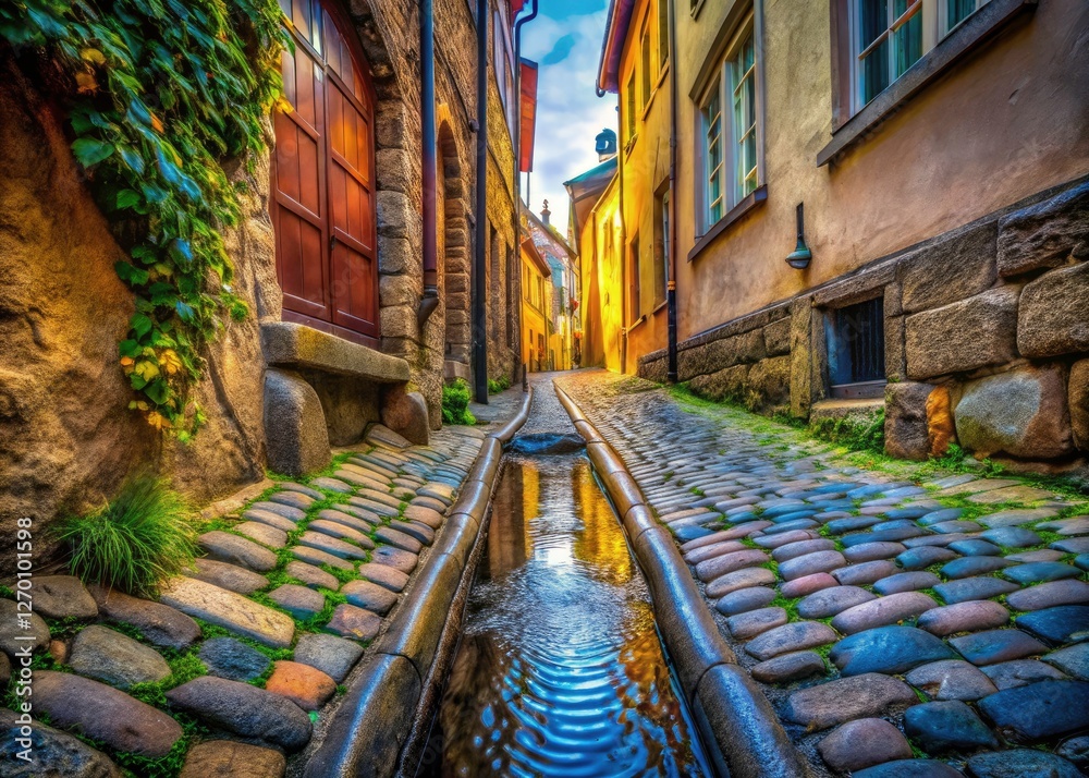 Fototapeta premium Rule of thirds captures Elsinore's alleyway; medieval cobblestones frame a captivating entrance.