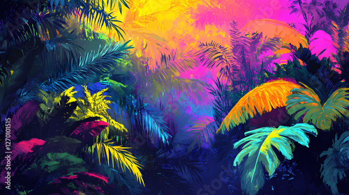Abstract art painting of a vibrant jungle rainforest with diverse plants. bright neon colors horizontal poster design. Lush Neon Rainforests. Illustration