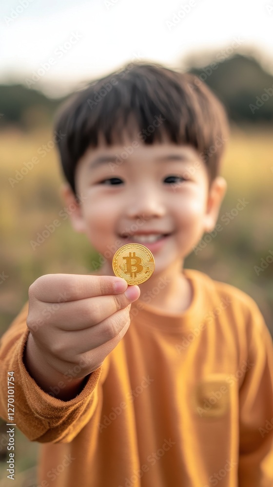 Smiling Child Holding Bitcoin Cryptocurrency Outdoors Smiling Child Holding Bitcoin Cryptocurrency Outdoors
