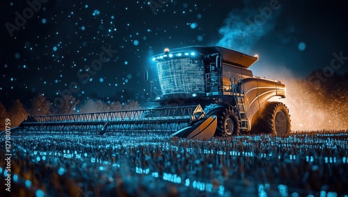 Futuristic harvester machine working at night illuminated with a captivating array of glowing lights