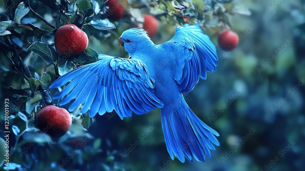 Azure Avian Amidst Crimson Apples: A Vivid Portrait of a Blue Parrot