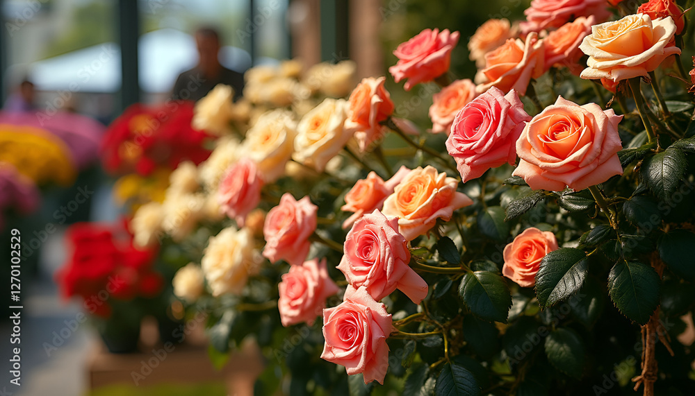 Colorful roses blooming in a garden, Rose Bush, New Blooms Colorful roses blooming in a garden, Rose Bush, New Blooms