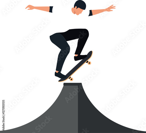 Skateboarder performing tricks on ramp in minimal vector illustration