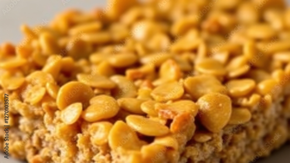 A close-up of a granola bar's crispy, golden texture with visible oats. Lighting emphasizes its crunchy and hearty texture. A close-up of a granola bar's crispy, golden texture with visible oats. Lighting emphasizes its crunchy and hearty texture.