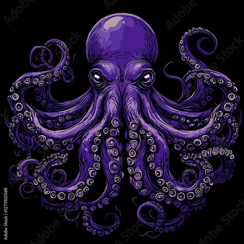 Purple octopus graphic design, detailed illustration, black background