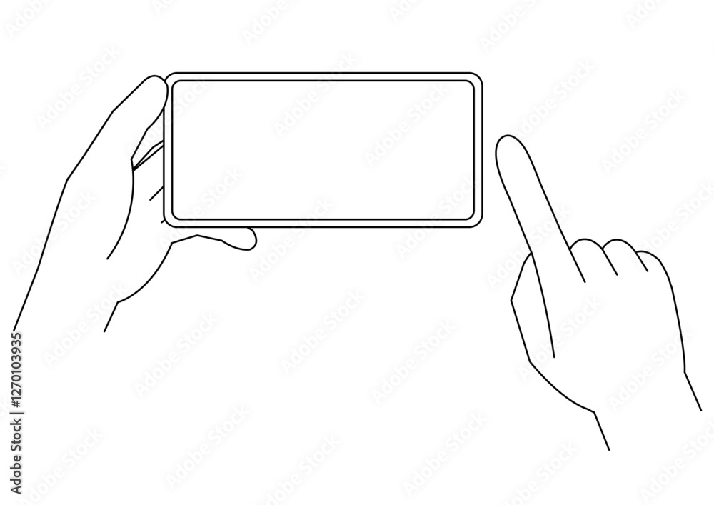 片手で横向きのスマートフォンを持つ手と操作する指のイラスト_主線あり_モノクロ
