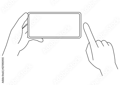 片手で横向きのスマートフォンを持つ手と操作する指のイラスト_主線あり_モノクロ
