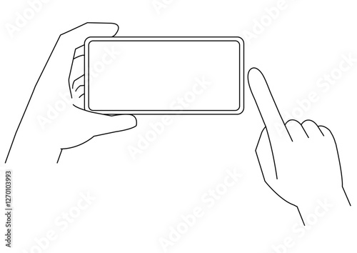 片手で横向きのスマートフォンを持つ手と操作する指のイラスト_2_主線あり_モノクロ
