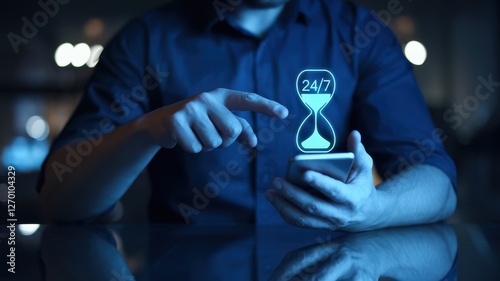 Man uses mobile phone with twenty four seven hourglass icon photo
