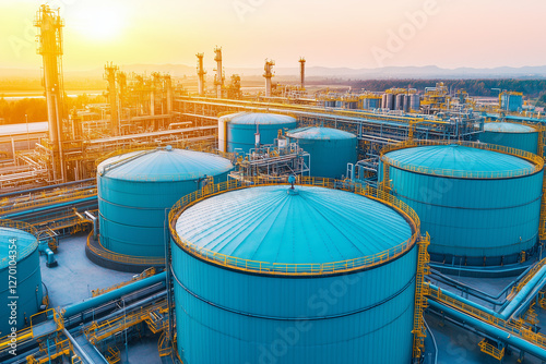 Oil and gas industry scene with drilling rigs, pipelines, and storage tanks, with copy space. Bright, industrial lighting. Vast landscape background.  photo