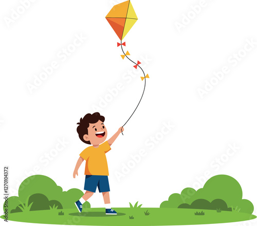 Child flying a colorful kite in a flat vector illustration