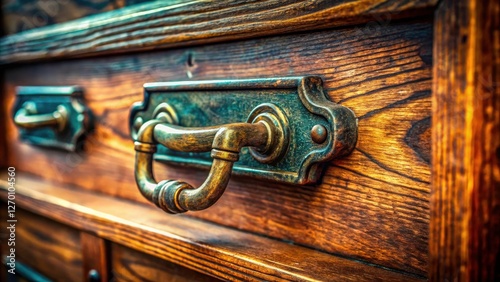 Rustic charm:  A vintage wood drawer pull, bronze patina, highlighting aged wood texture and old hardware.