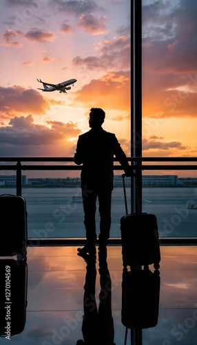 Air travel, passenger waiting at the airport, silhouette of a traveler watching a plane take off.