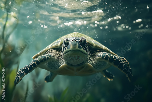 Turtle swimming on the surface, top-down view from underwater
