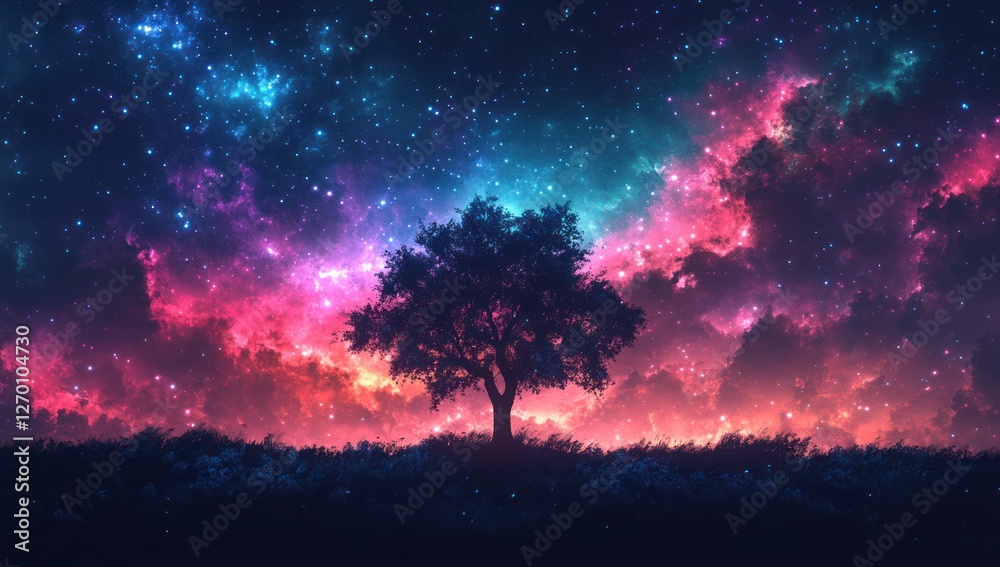 Naklejka premium Silhouette tree stands beneath a vibrant celestial canvas with swirling nebulas and starry skies