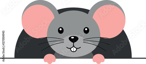 Cute cartoon mouse peeking from behind a flat surface vector art