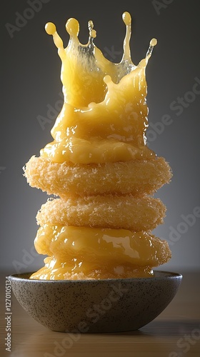 Stacked onion rings with a burst of sauce on a plate for a delicious and tasty appetizer