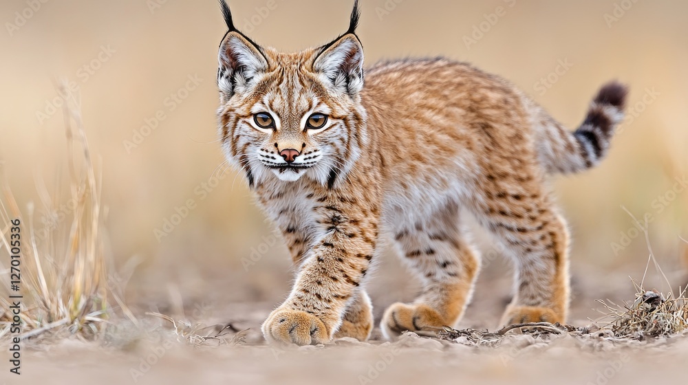 Obraz premium Eurasian lynx cub walking forward on dry ground in its natural habitat during daytime.