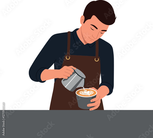 Barista pouring latte art with detailed flat design vector illustration