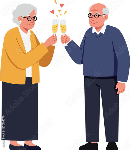 Elderly couple celebrating with champagne glasses in minimal vector art