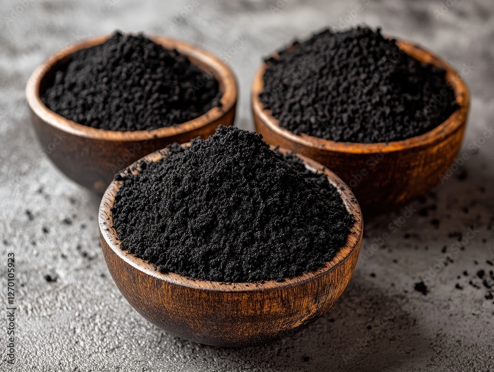 Three Wooden Bowls Filled with Dark Powder, Close-Up Shot Three Wooden Bowls Filled with Dark Powder, Close-Up Shot