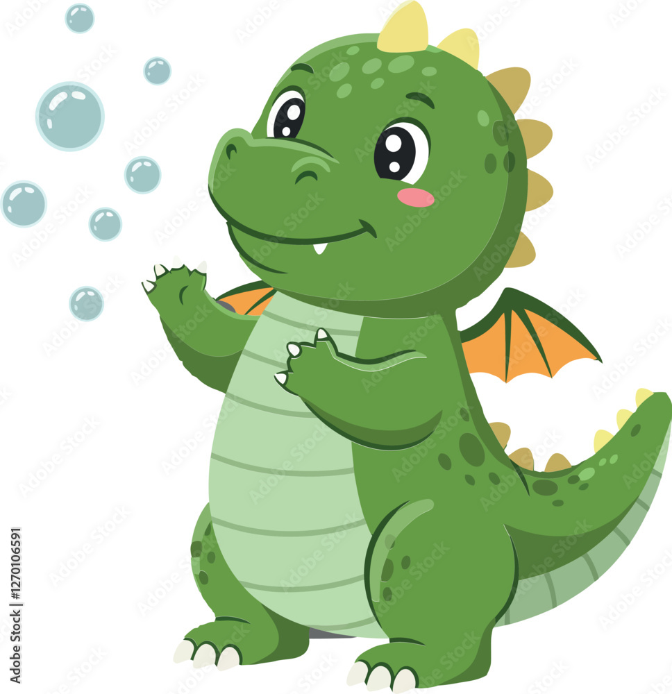 Naklejka premium Cute green dragon character blowing bubbles in flat vector art