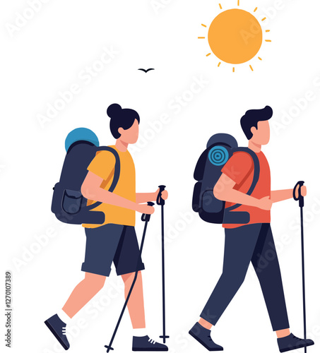 Two hikers walking with backpacks in flat vector art style