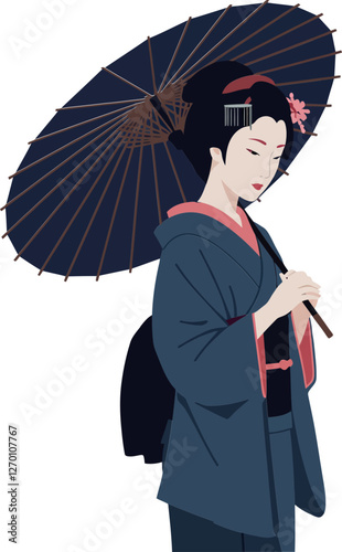 Elegant woman in kimono holding a parasol in flat vector art
