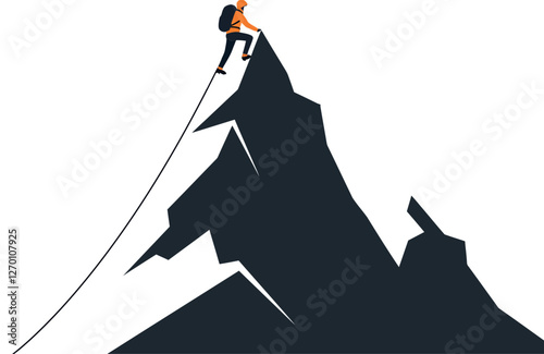 Mountain climber reaching summit in flat vector art design
