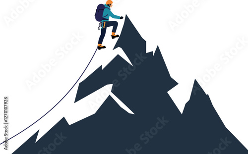 Mountain climber ascending steep peak in flat vector illustration