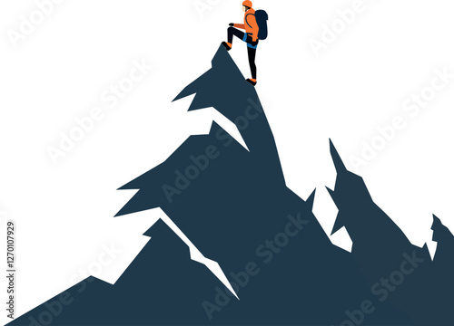 Climber on Mountain Peak in Flat Minimal Vector Art Style